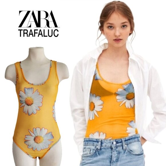 Zara Trafaluc Semi Sheer Yellow Daisy Mesh Bodysuit Whimsigoth Size S - Picture 1 of 16